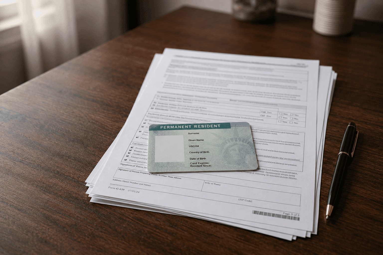 Permanent resident green card on immigration legal documents, representing deportation risk for green card holders.