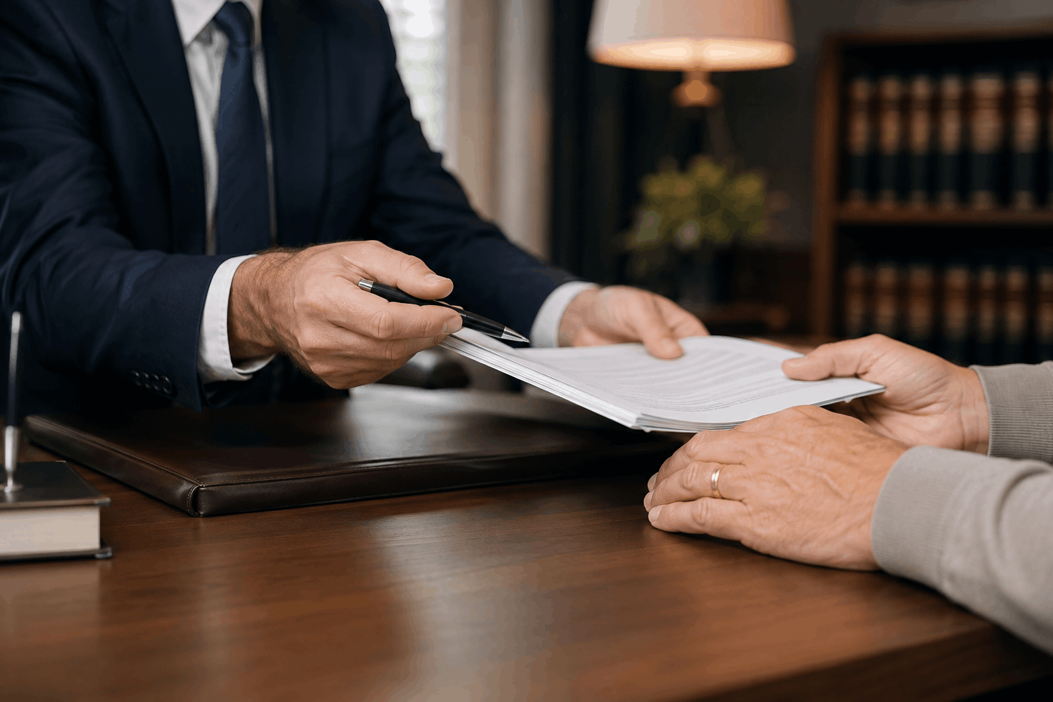 Immigration attorney handing marriage green card documents to a client during a consultation.