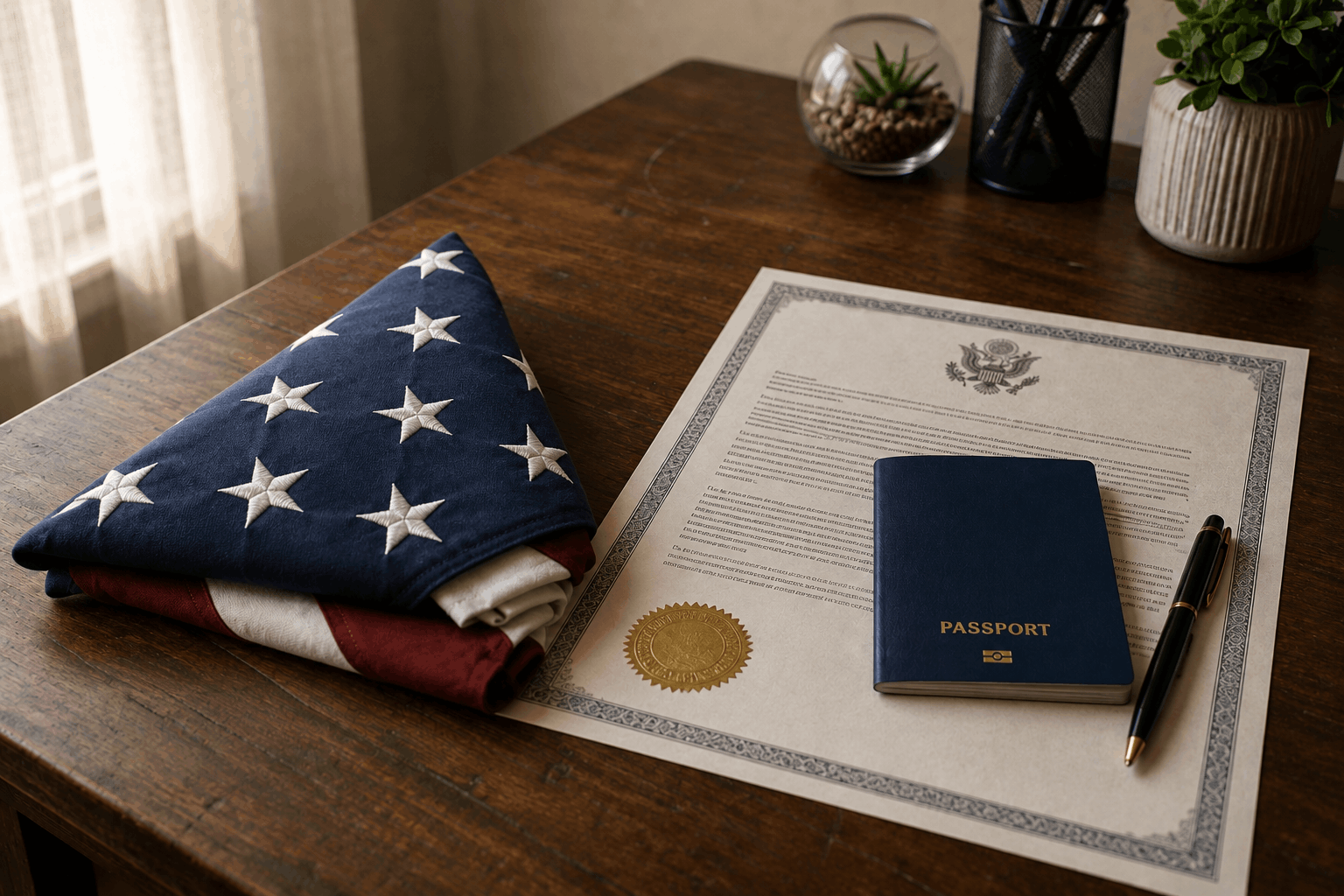 American flag beside a naturalization certificate and passport on a desk.