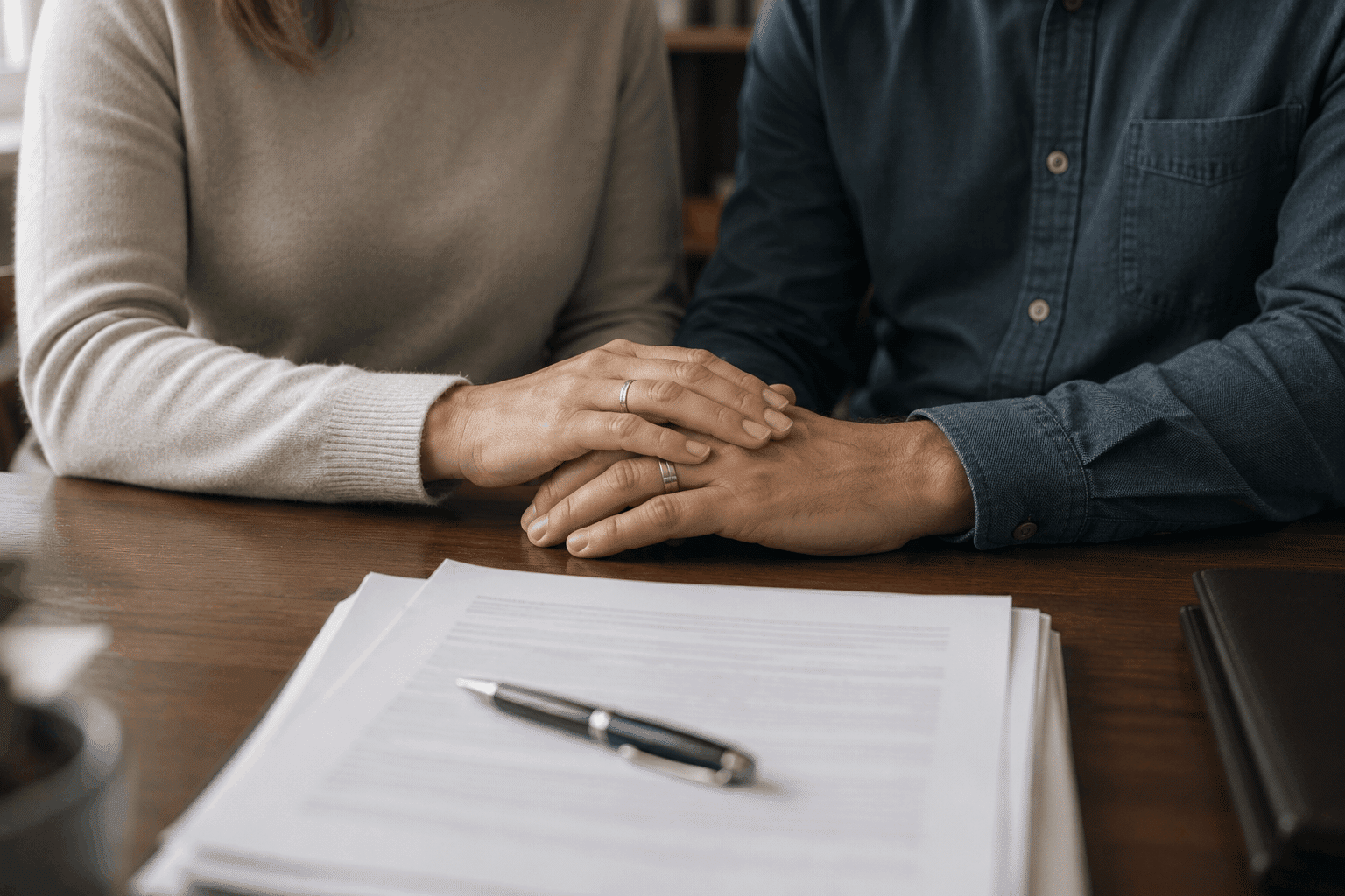 Married couple's hands resting on legal documents during a marriage green card interview.