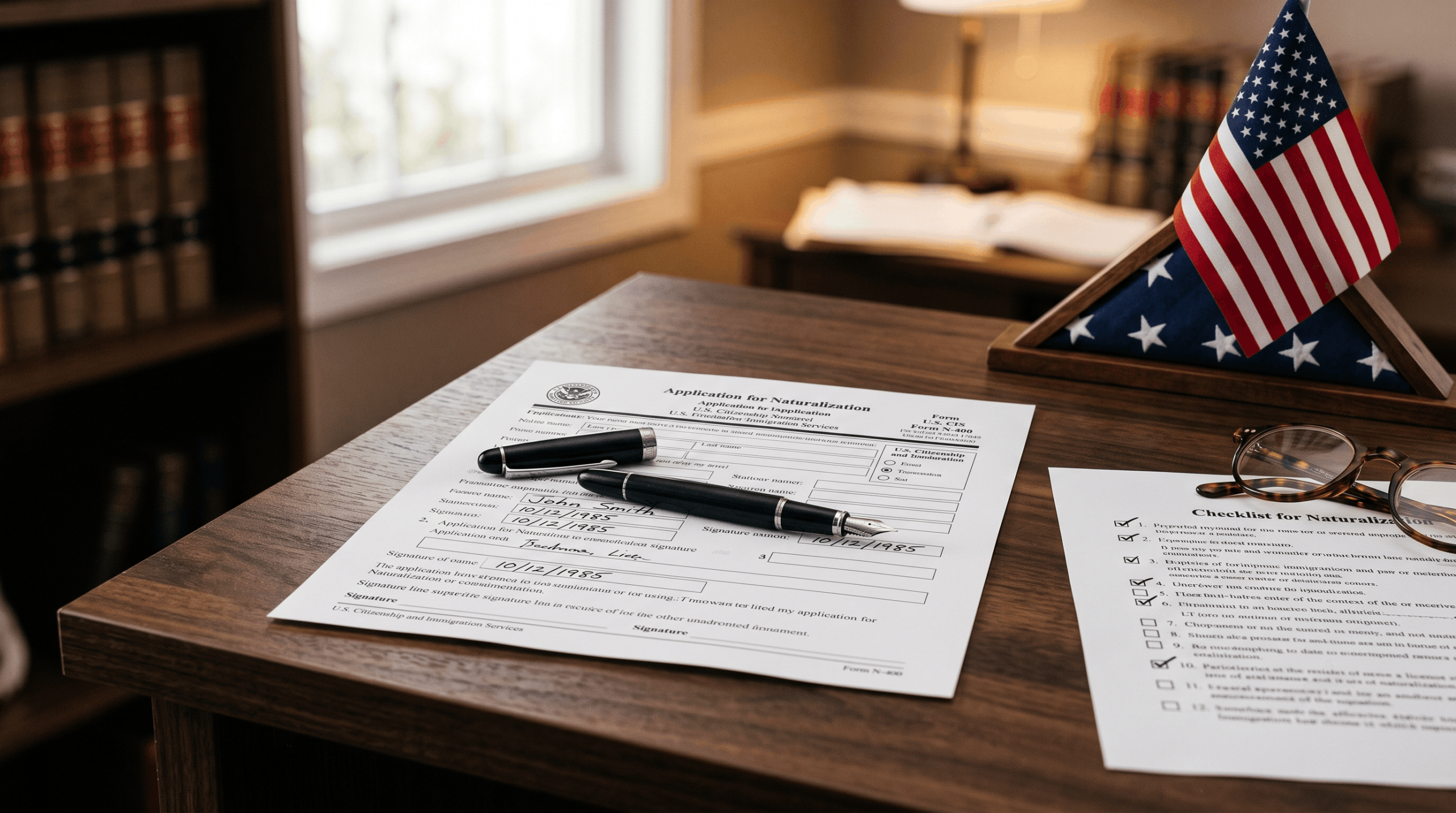 US citizenship requirements checklist and Form N-400 naturalization application on a desk at an immigration law office in Elgin, Illinois