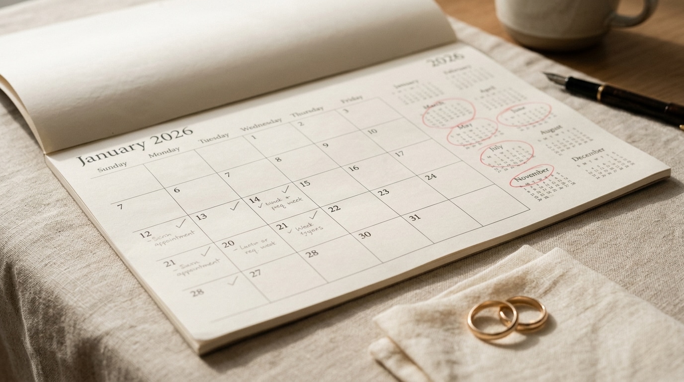 Wedding rings beside a calendar with marked months, representing marriage green card wait times in 2026.