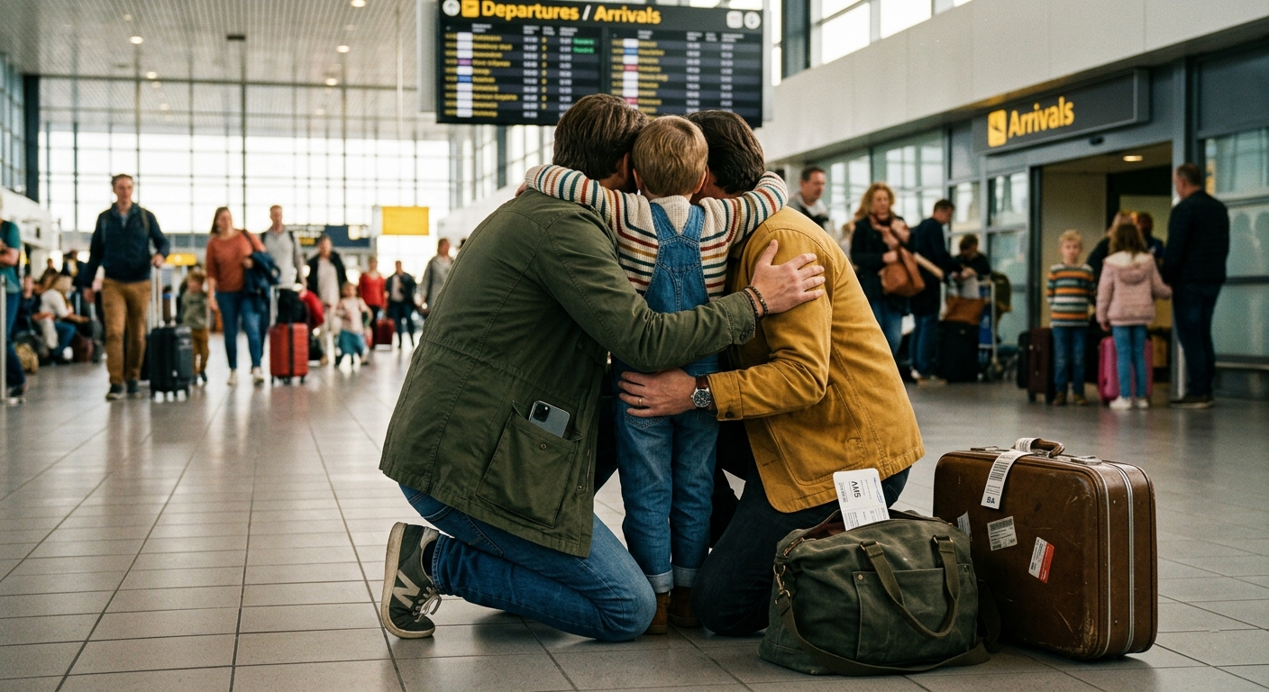 Family embracing at an airport arrivals hall after reuniting through the I-130 family petition process.
