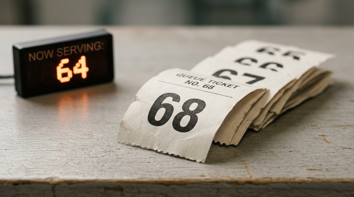 Queue ticket numbers and a now-serving display, symbolizing the wait for a priority date in family preference immigration categories.