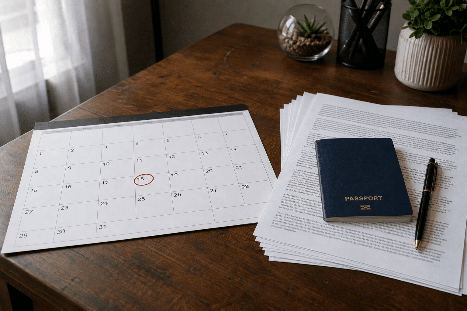 Circled date on a calendar next to green card renewal documents, showing the Form I-751 filing deadline.