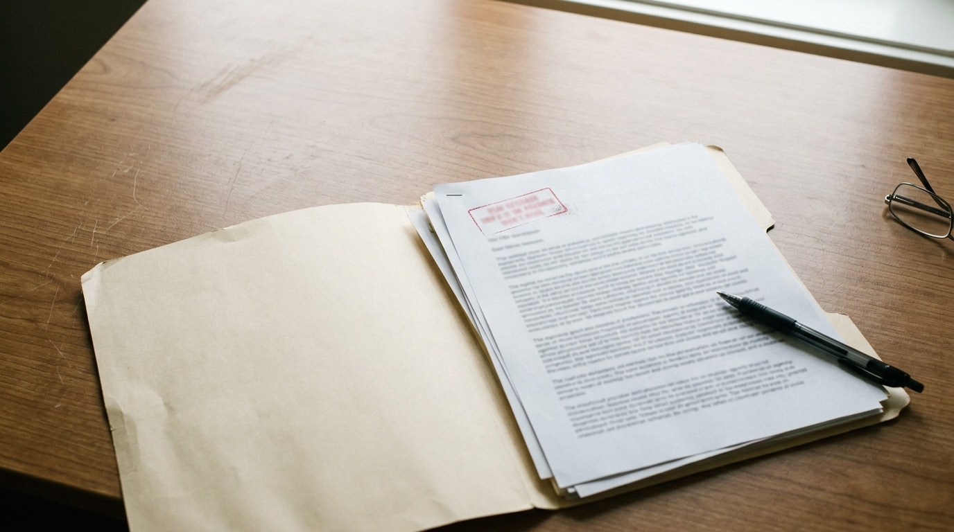 Folder of official documents with a faded red stamp mark, representing a citizenship application decision.