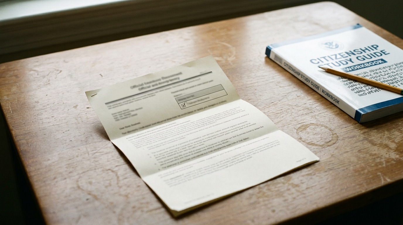 Folded test result paper next to a citizenship study guide, representing what happens after failing the citizenship test.