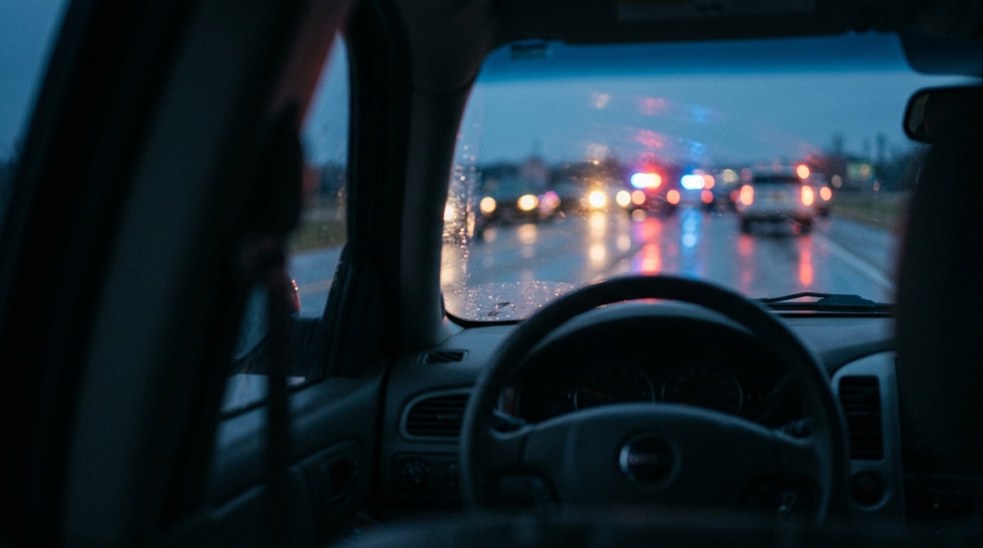 View from the back seat of a car at dusk, showing the steering wheel and dashboard with blurred red and blue emergency lights on a wet road ahead.