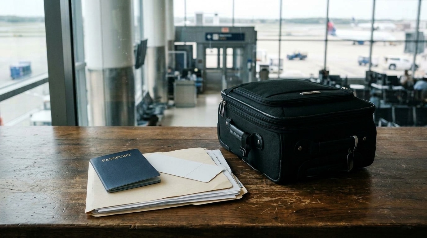 Passport, boarding pass, and immigration documents resting on a table next to a packed suitcase at an airport gate.