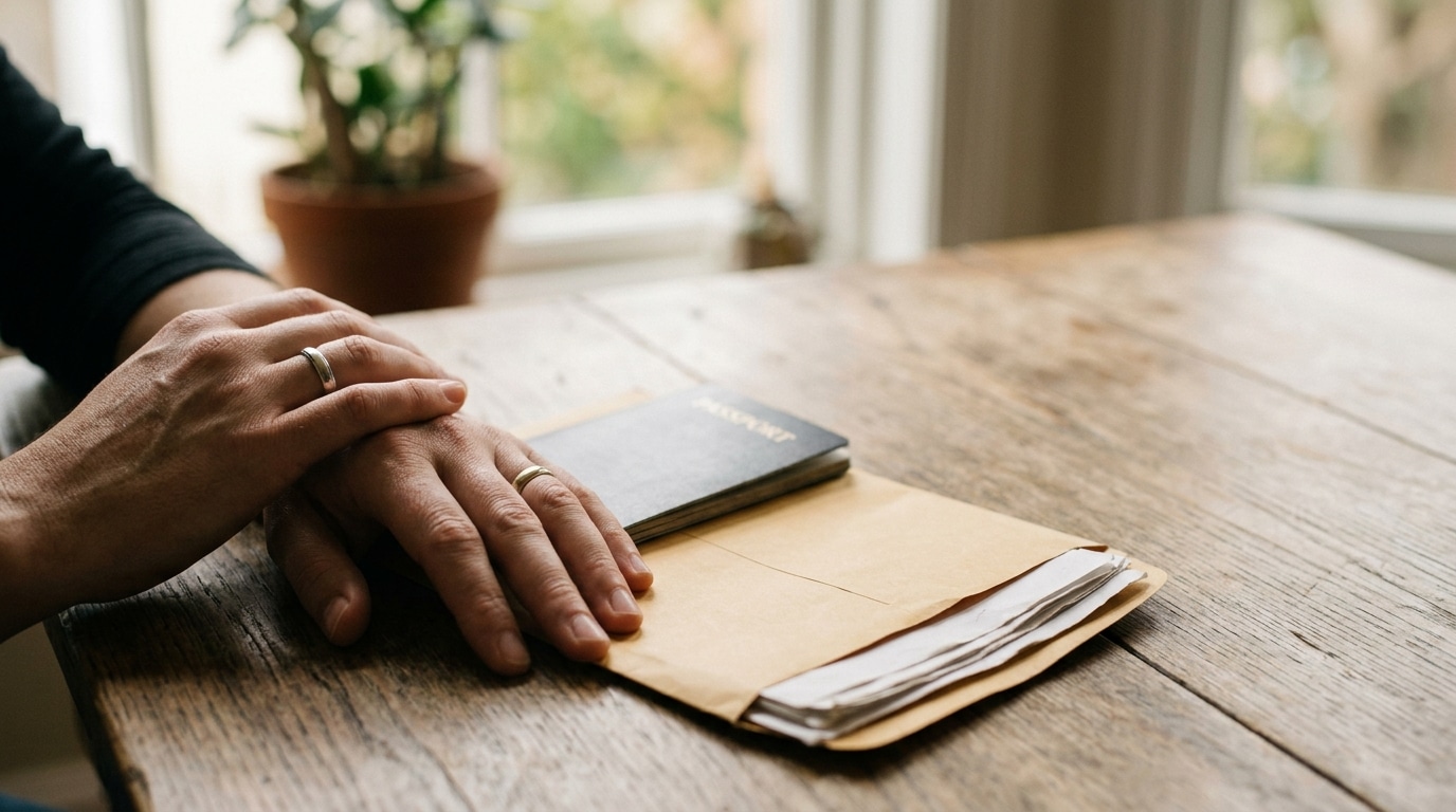 Couple's hands with wedding rings resting on a table beside a passport and immigration documents.