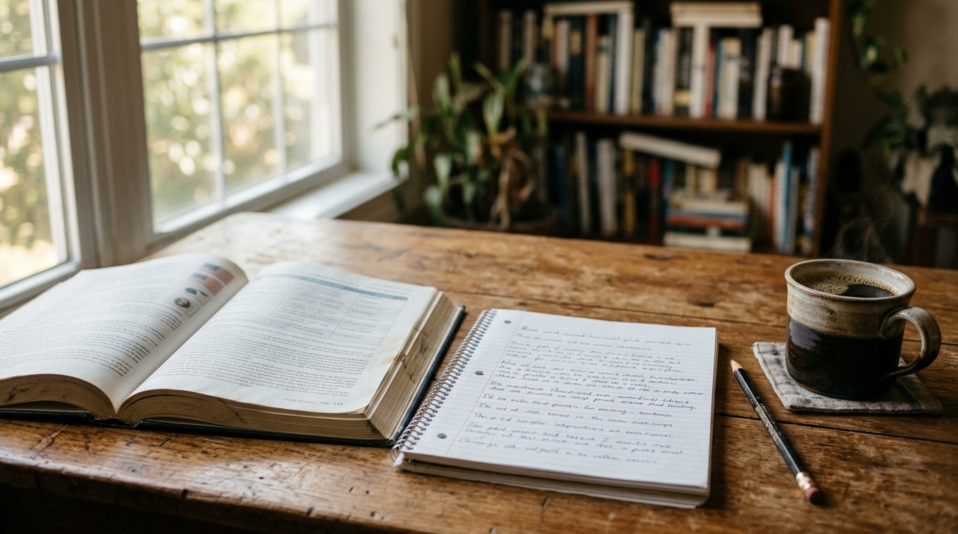 Open civics study guide and notebook with handwritten English practice sentences on a wooden desk beside a cup of coffee.